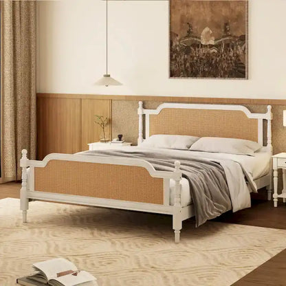 Lit plateforme traditionnel King Size avec tête et pied de lit en rotin