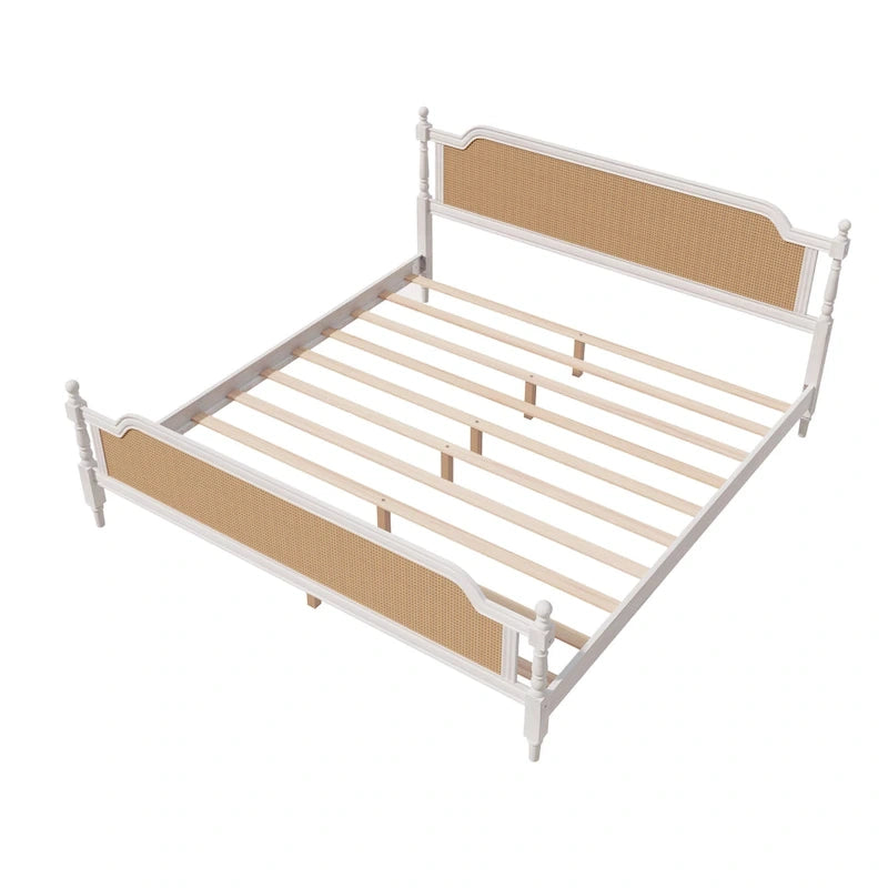 Lit plateforme traditionnel King Size avec tête et pied de lit en rotin