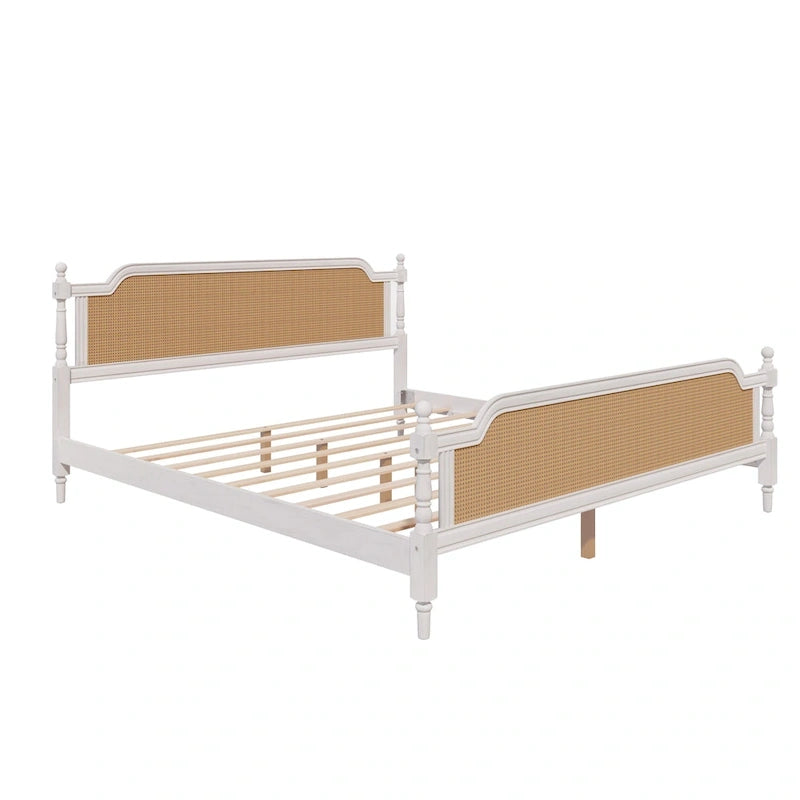 Lit plateforme traditionnel King Size avec tête et pied de lit en rotin
