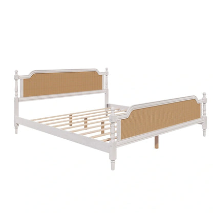 Lit plateforme traditionnel King Size avec tête et pied de lit en rotin