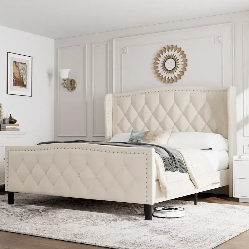 Lit plateforme moderne en velours, taille standard, avec tête de lit à oreilles et sommier à lattes en bois