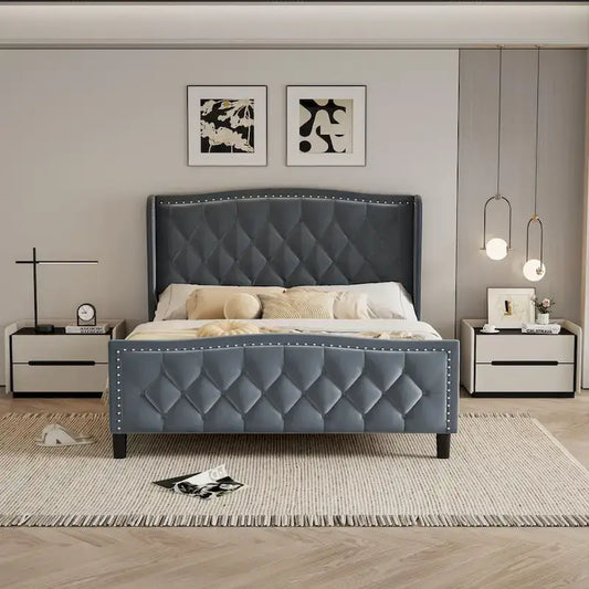 Lit plateforme moderne en velours, taille standard, avec tête de lit à oreilles et sommier à lattes en bois