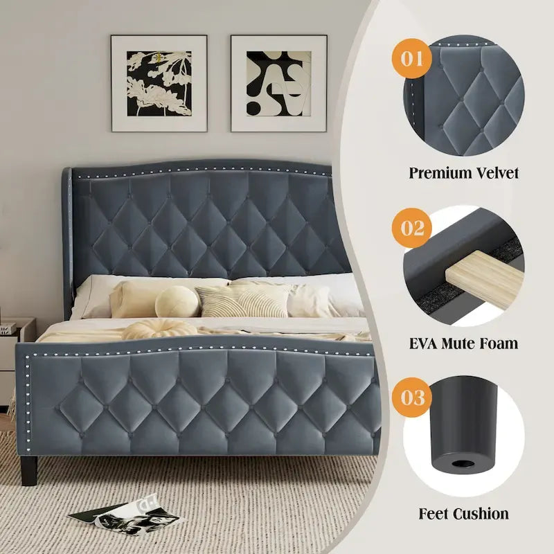 Lit plateforme moderne en velours, taille standard, avec tête de lit à oreilles et sommier à lattes en bois
