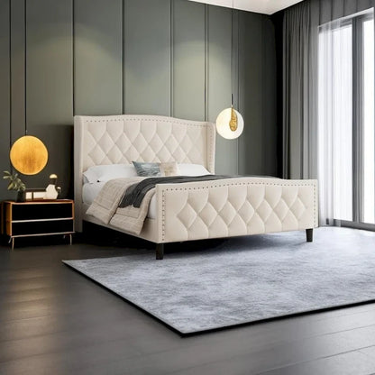 Lit plateforme moderne en velours, taille standard, avec tête de lit à oreilles et sommier à lattes en bois