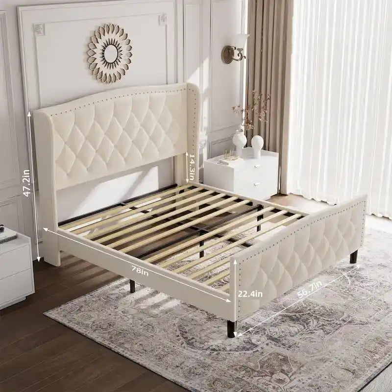 Lit plateforme moderne en velours, taille standard, avec tête de lit à oreilles et sommier à lattes en bois