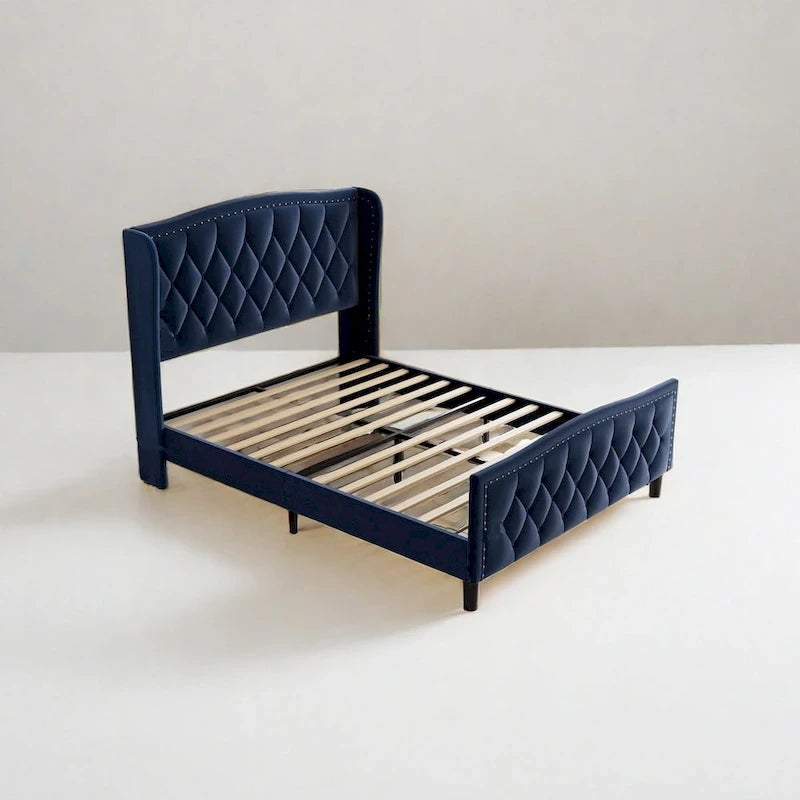 Lit plateforme moderne en velours, taille standard, avec tête de lit à oreilles et sommier à lattes en bois