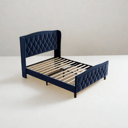 Lit plateforme moderne en velours, taille standard, avec tête de lit à oreilles et sommier à lattes en bois