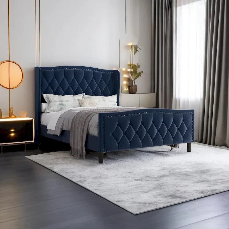Lit plateforme moderne en velours, taille standard, avec tête de lit à oreilles et sommier à lattes en bois