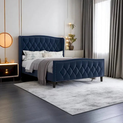 Lit plateforme moderne en velours, taille standard, avec tête de lit à oreilles et sommier à lattes en bois