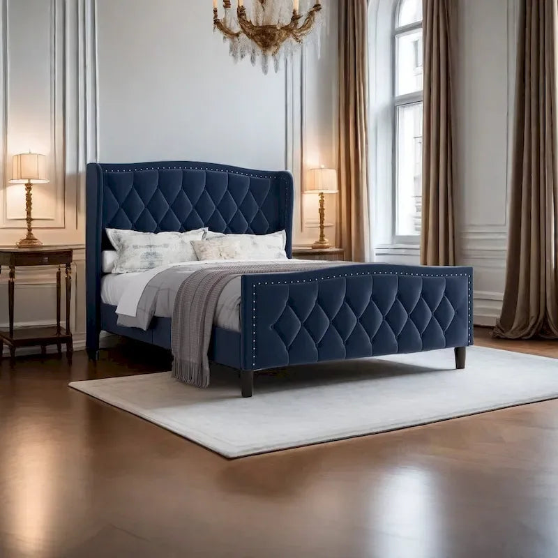 Lit plateforme moderne en velours, taille standard, avec tête de lit à oreilles et sommier à lattes en bois