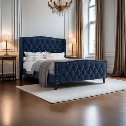 Lit plateforme moderne en velours, taille standard, avec tête de lit à oreilles et sommier à lattes en bois