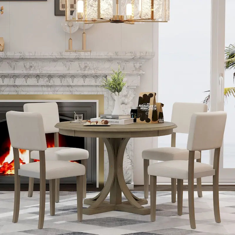 Ensemble de salle à manger rétro taupe 5 pièces en bois avec table à tréteaux incurvée et 4 chaises