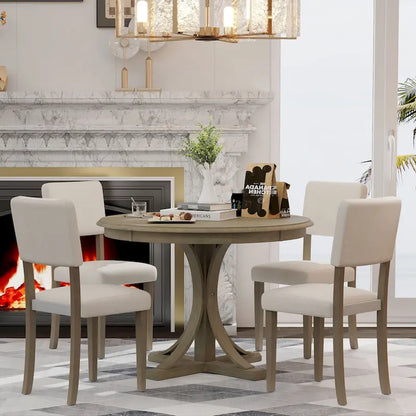 Ensemble de salle à manger rétro taupe 5 pièces en bois avec table à tréteaux incurvée et 4 chaises