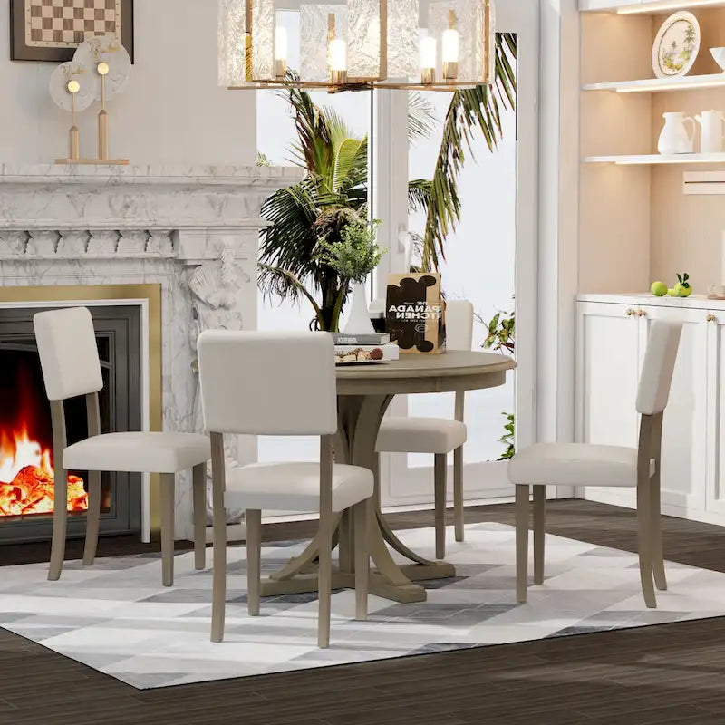 Ensemble de salle à manger rétro taupe 5 pièces en bois avec table à tréteaux incurvée et 4 chaises