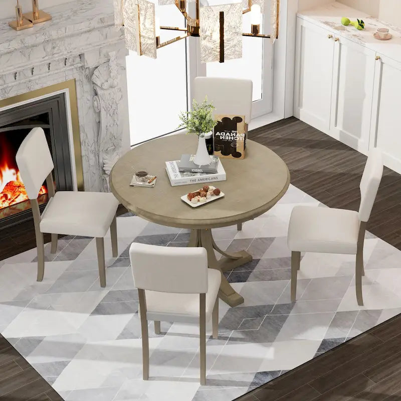 Ensemble de salle à manger rétro taupe 5 pièces en bois avec table à tréteaux incurvée et 4 chaises