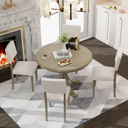 Ensemble de salle à manger rétro taupe 5 pièces en bois avec table à tréteaux incurvée et 4 chaises