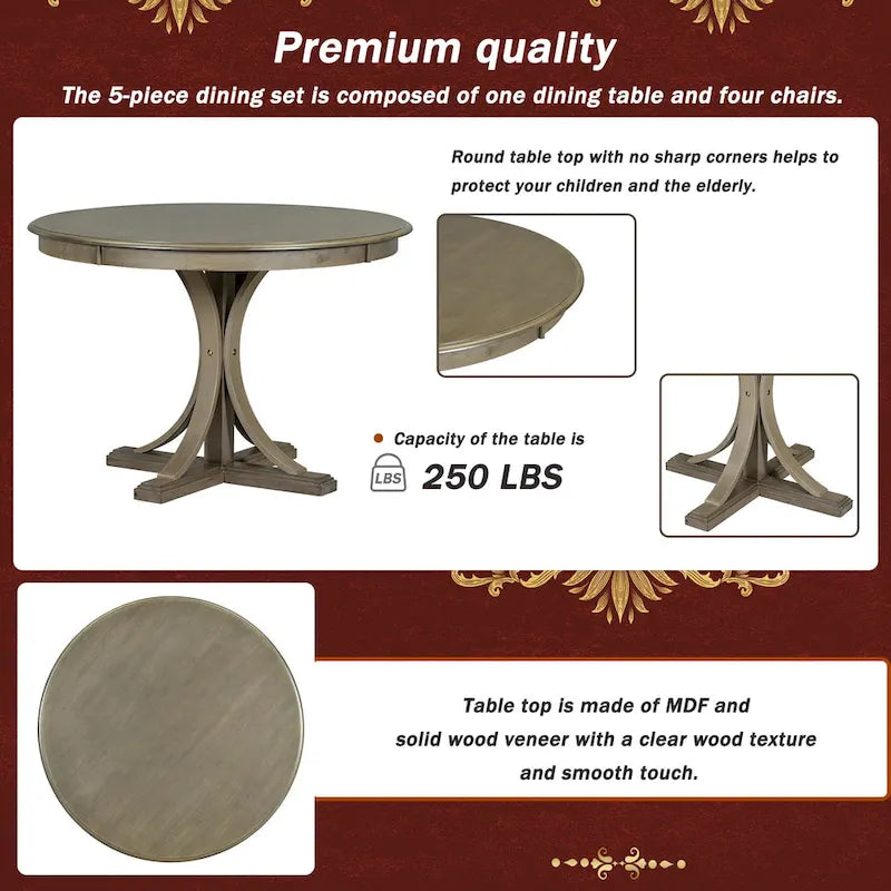 Ensemble de salle à manger rétro taupe 5 pièces en bois avec table à tréteaux incurvée et 4 chaises
