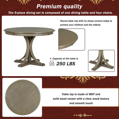 Ensemble de salle à manger rétro taupe 5 pièces en bois avec table à tréteaux incurvée et 4 chaises