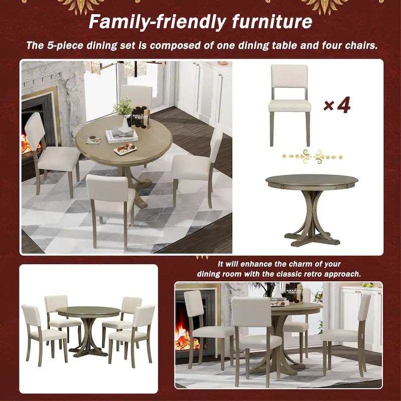 Ensemble de salle à manger rétro taupe 5 pièces en bois avec table à tréteaux incurvée et 4 chaises