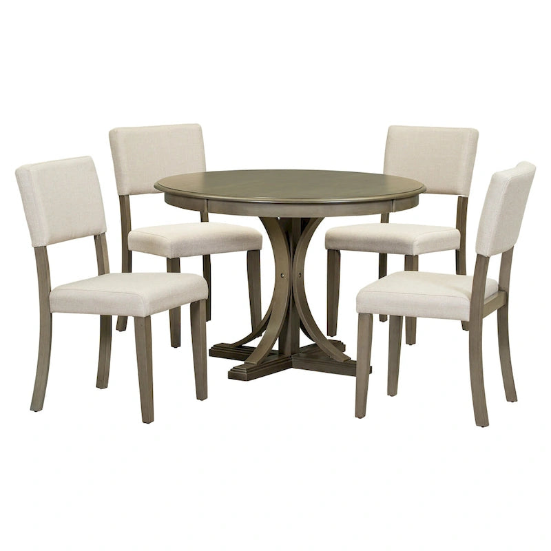 Ensemble de salle à manger rétro taupe 5 pièces en bois avec table à tréteaux incurvée et 4 chaises