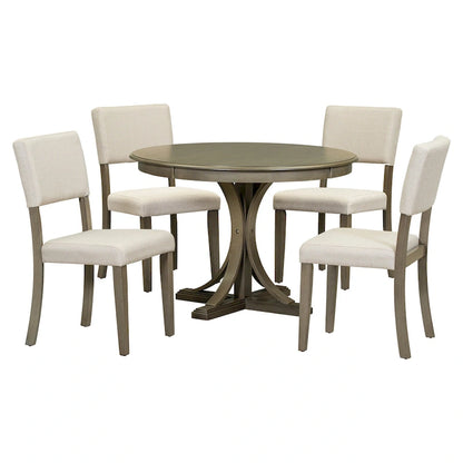 Ensemble de salle à manger rétro taupe 5 pièces en bois avec table à tréteaux incurvée et 4 chaises