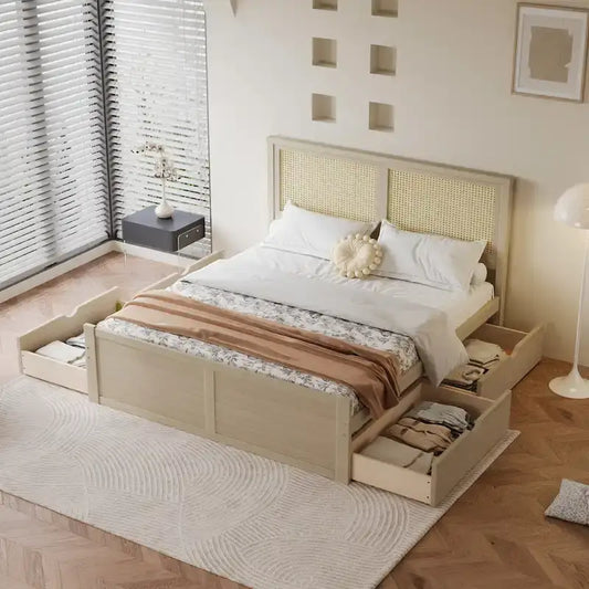 Lit plateforme de rangement en bois naturel antique, 4 tiroirs et tête de lit en rotin.