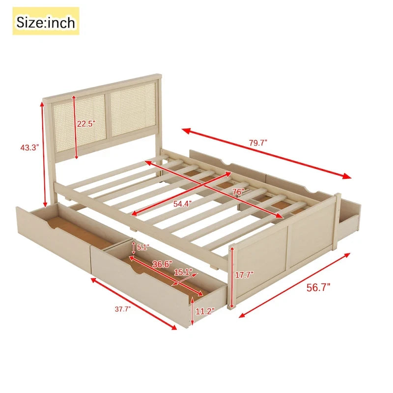 Lit plateforme de rangement en bois naturel antique, 4 tiroirs et tête de lit en rotin.