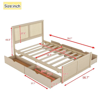 Lit plateforme de rangement en bois naturel antique, 4 tiroirs et tête de lit en rotin.