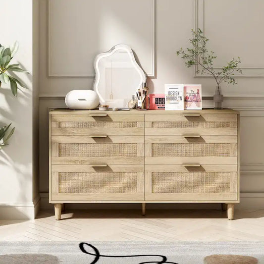 Commode double en rotin à 6 tiroirs avec poignée en métal, pieds en bois, meuble de rangement pour vêtements pour chambre à coucher