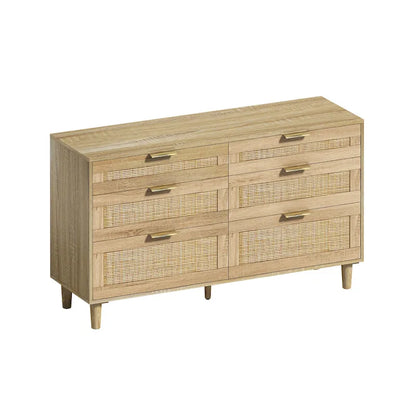 Commode double en rotin à 6 tiroirs avec poignée en métal, pieds en bois, meuble de rangement pour vêtements pour chambre à coucher