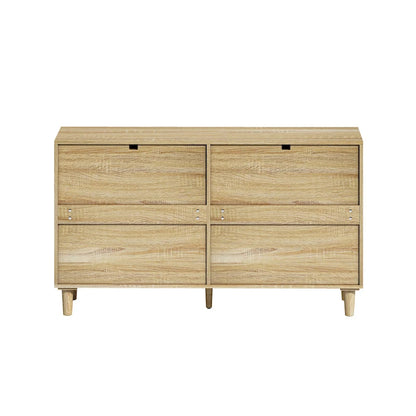 Commode double en rotin à 6 tiroirs avec poignée en métal, pieds en bois, meuble de rangement pour vêtements pour chambre à coucher