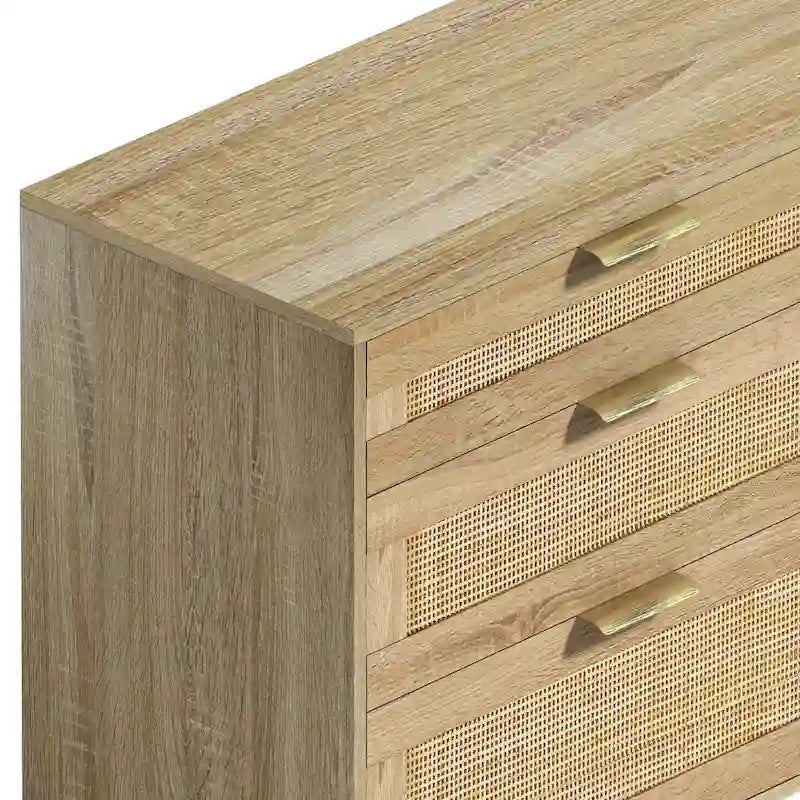 Commode double en rotin à 6 tiroirs avec poignée en métal, pieds en bois, meuble de rangement pour vêtements pour chambre à coucher
