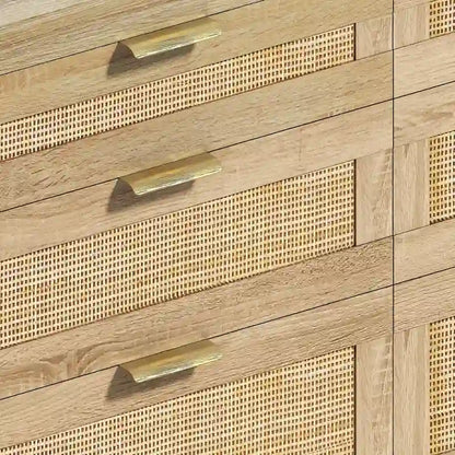 Commode double en rotin à 6 tiroirs avec poignée en métal, pieds en bois, meuble de rangement pour vêtements pour chambre à coucher
