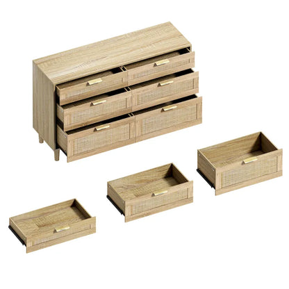 Commode double en rotin à 6 tiroirs avec poignée en métal, pieds en bois, meuble de rangement pour vêtements pour chambre à coucher