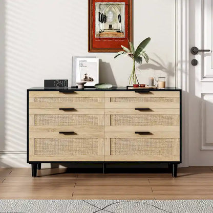 Commode double en rotin à 6 tiroirs avec poignée en métal, pieds en bois, meuble de rangement pour vêtements pour chambre à coucher