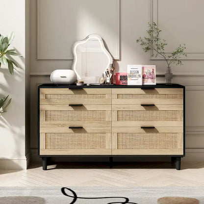 Commode double en rotin à 6 tiroirs avec poignée en métal, pieds en bois, meuble de rangement pour vêtements pour chambre à coucher