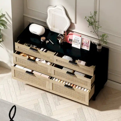Commode double en rotin à 6 tiroirs avec poignée en métal, pieds en bois, meuble de rangement pour vêtements pour chambre à coucher