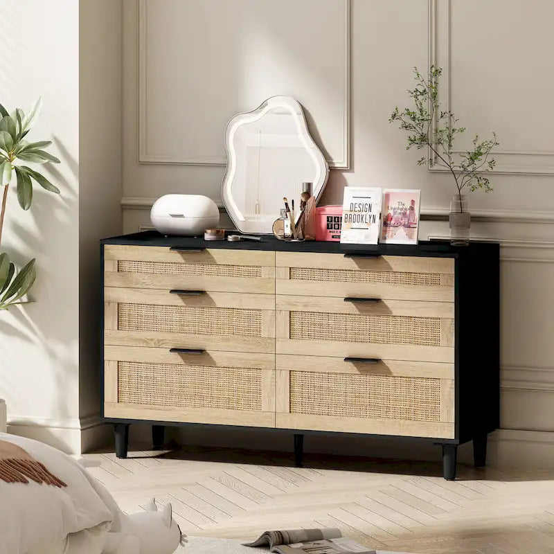 Commode double en rotin à 6 tiroirs avec poignée en métal, pieds en bois, meuble de rangement pour vêtements pour chambre à coucher