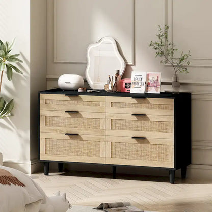 Commode double en rotin à 6 tiroirs avec poignée en métal, pieds en bois, meuble de rangement pour vêtements pour chambre à coucher