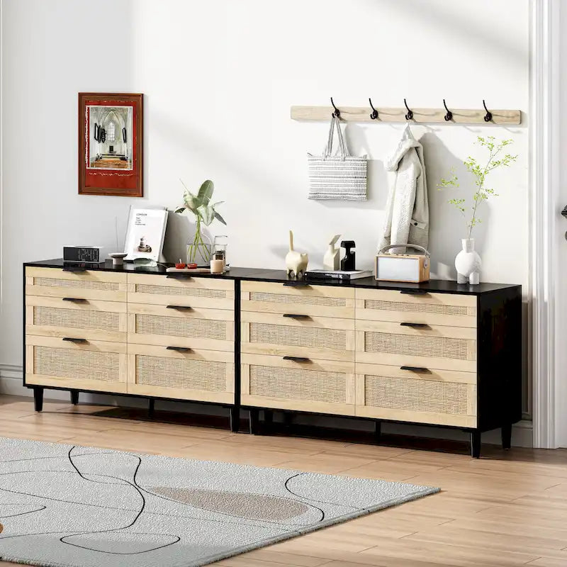 Commode double en rotin à 6 tiroirs avec poignée en métal, pieds en bois, meuble de rangement pour vêtements pour chambre à coucher