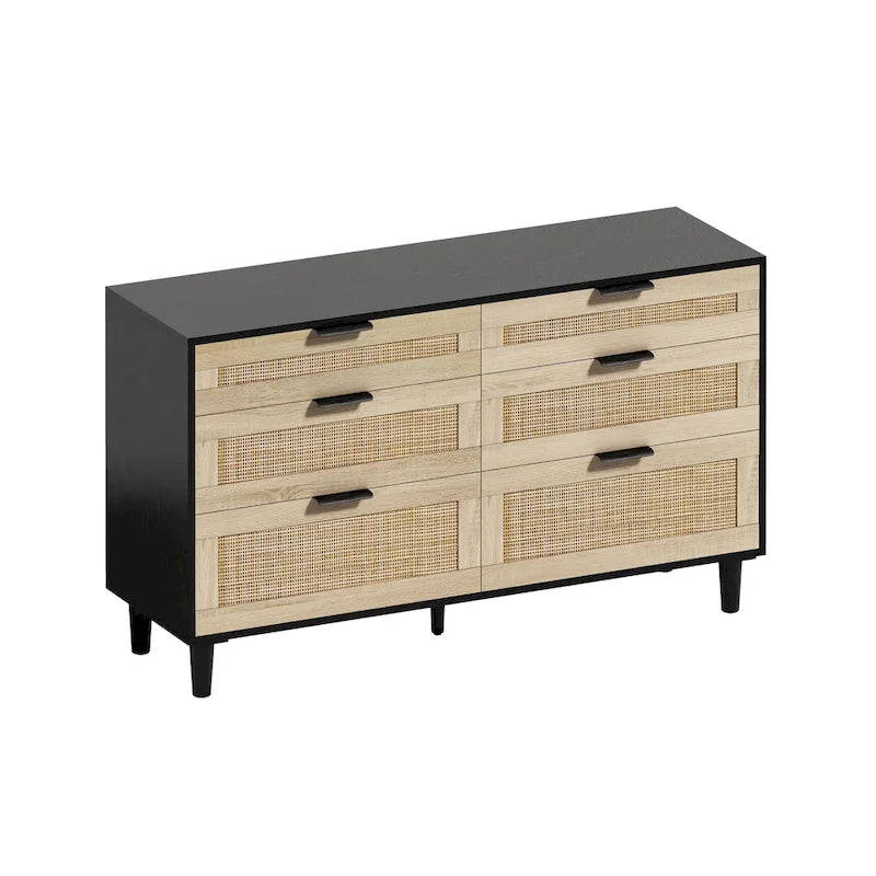Commode double en rotin à 6 tiroirs avec poignée en métal, pieds en bois, meuble de rangement pour vêtements pour chambre à coucher