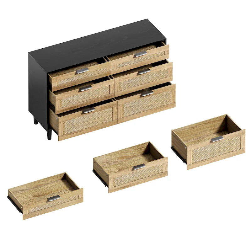 Commode double en rotin à 6 tiroirs avec poignée en métal, pieds en bois, meuble de rangement pour vêtements pour chambre à coucher