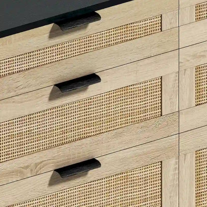 Commode double en rotin à 6 tiroirs avec poignée en métal, pieds en bois, meuble de rangement pour vêtements pour chambre à coucher