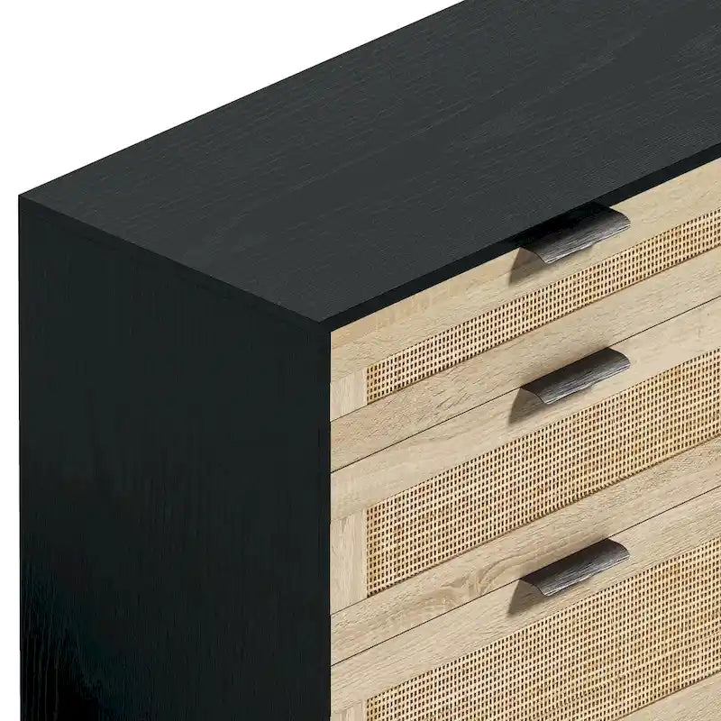 Commode double en rotin à 6 tiroirs avec poignée en métal, pieds en bois, meuble de rangement pour vêtements pour chambre à coucher