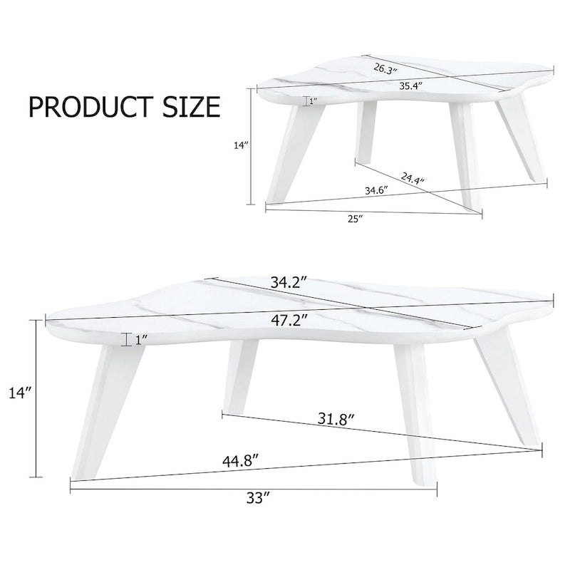Ensemble de deux tables basses modernes en forme de nuage, avec pieds en bois massif et panneau en MDF, pour le salon.