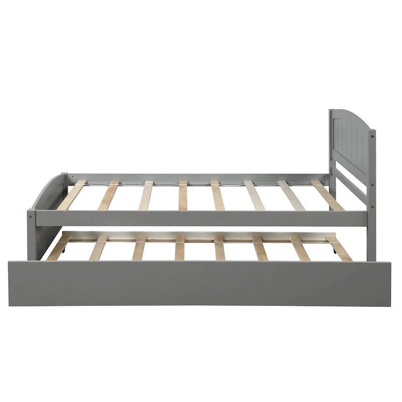 Lit plateforme double en pin avec lit gigogne et tête de lit