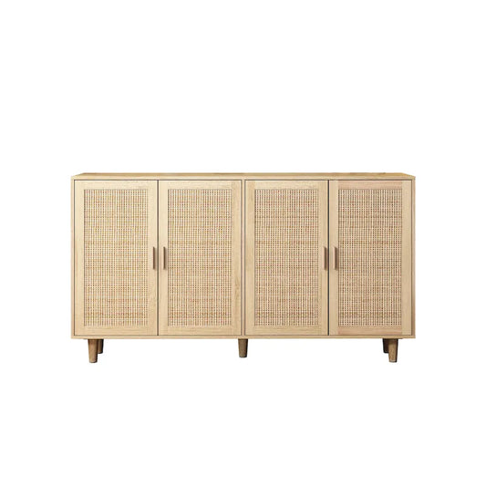 Meuble de rangement décoratif moderne en rotin à 4 portes avec étagères réglables pour chambre, salon