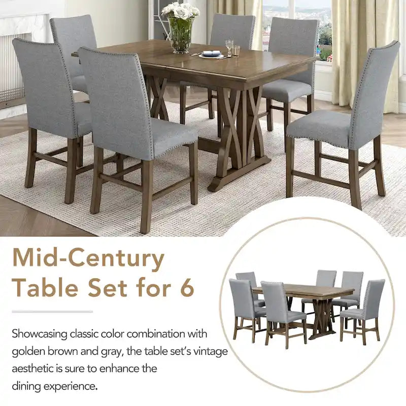 Ensemble de salle à manger en bois 7 pièces avec table extensible et 6 chaises