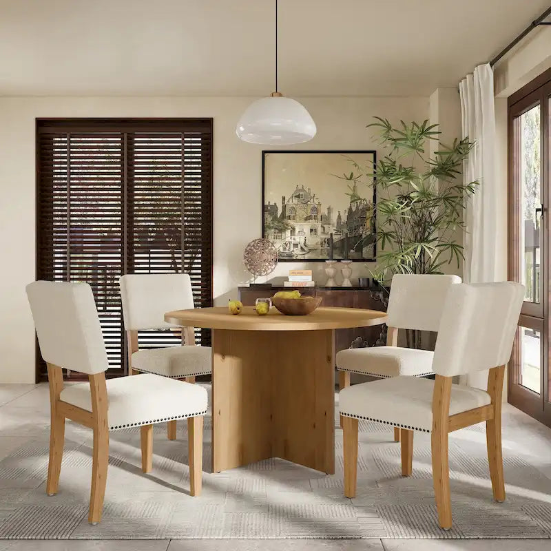 Ensemble de salle à manger 5 pièces en bois de style campagnard avec table ronde et 4 chaises rembourrées en tissu aspect laine d'agneau