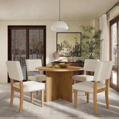 Ensemble de salle à manger 5 pièces en bois de style campagnard avec table ronde et 4 chaises rembourrées en tissu aspect laine d'agneau